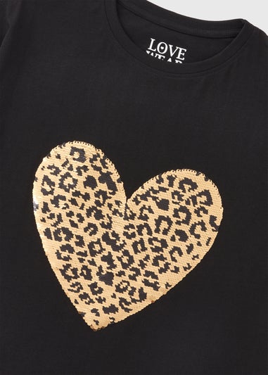 Girls Black Sequin Leopard Heart T-Shirt (7-15yrs)