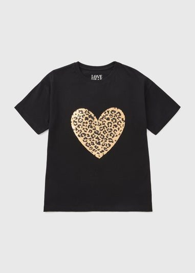 Girls Black Sequin Leopard Heart T-Shirt (7-15yrs)