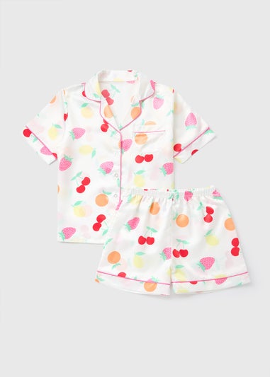 Girls White Fruit Satin Pyjama Set (4-13yrs)