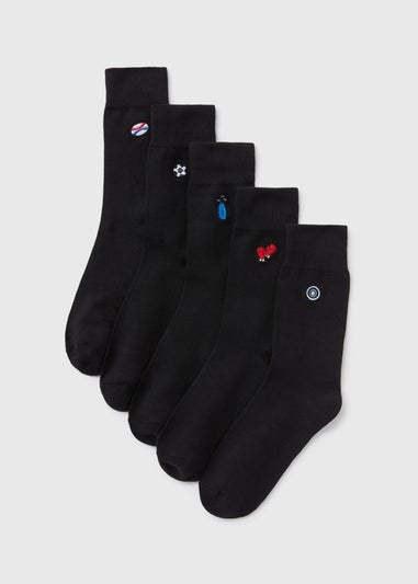 5 Pack Black Embroidery Sport Socks