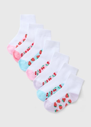 7 Pack Girls White Fruit Socks (Younger 6-Older 6.5)