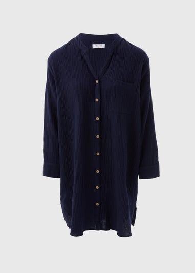 Navy Double Cloth Cotton Beach Shirt