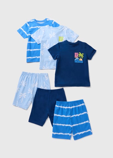 3 Pack Boys Blue Palm Top & Shorts Set (7-13yrs)