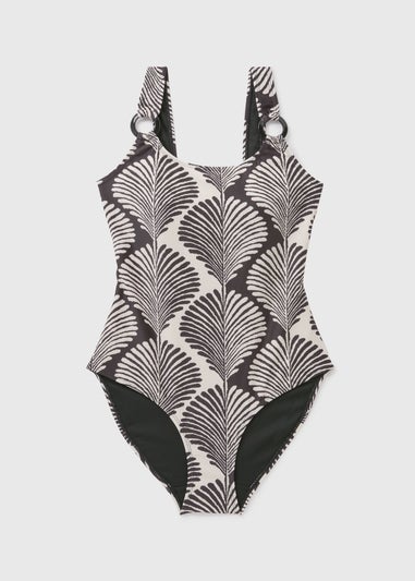 Black Mono Shell Print Ring Swimsuit