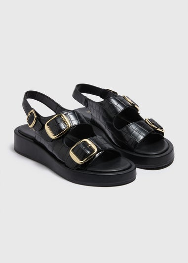 Black Chunky Double Buckle Sandals