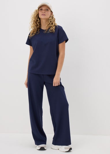 Navy Waffle Wide Leg Trousers