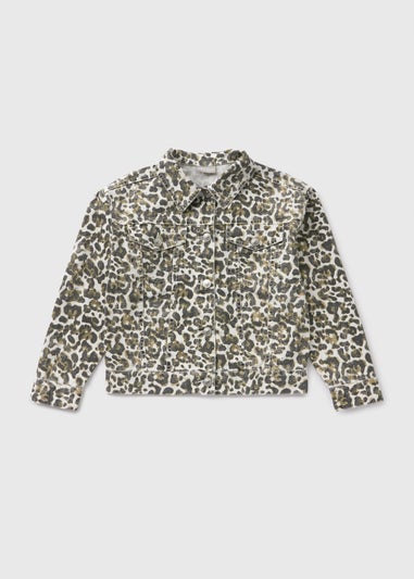 Girls Cream Leopard Print Denim Jacket (7-15yrs)