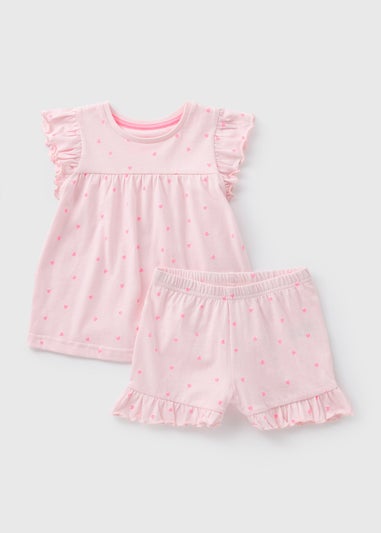 Girls Pink Heart Ditsy Frill Pyjama Set (1-7yrs)