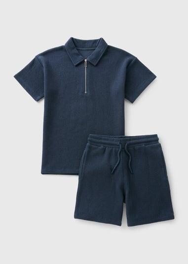 Boys Navy Textured Zip Polo & Shorts Set (7-15yrs)