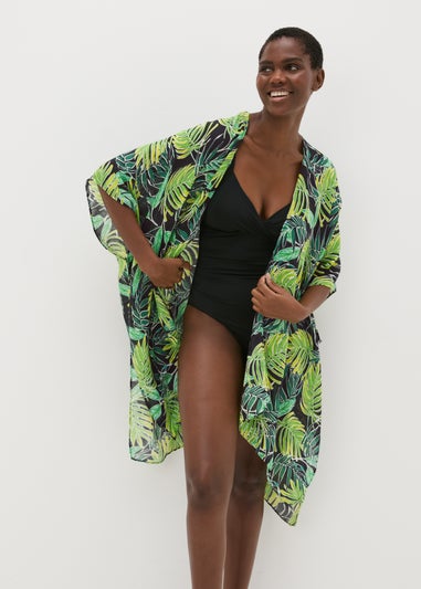 Green Tropical Leaf Print Kimono