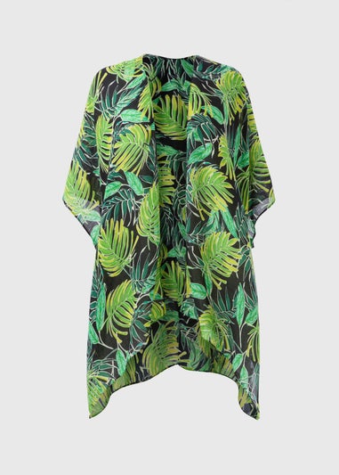 Green Tropical Leaf Print Kimono