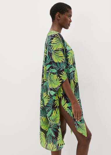 Green Tropical Leaf Print Kimono