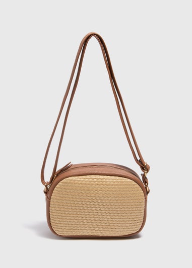 Tan Straw Camera Cross Body Bag