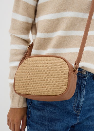 Tan Straw Camera Cross Body Bag