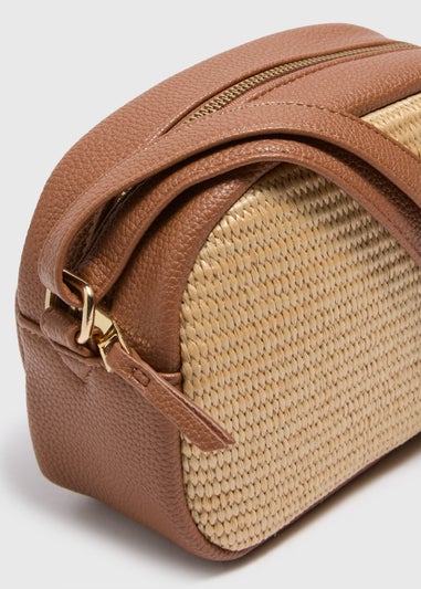 Tan Straw Camera Cross Body Bag