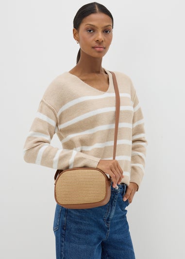 Tan Straw Camera Cross Body Bag