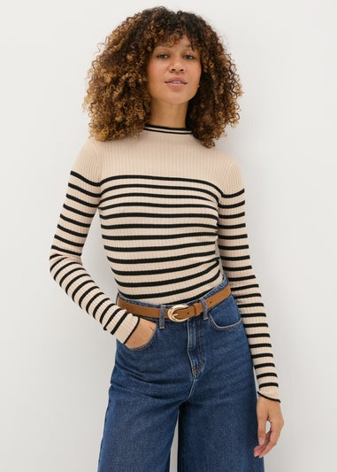 Cream Stripe High Neck Jumper