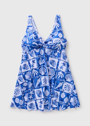 Blue Beach Print Ruched Skirt Swim Dress