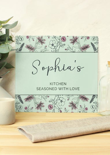 Personalised Memento Company Pink Floral Clear Glass Chopping Board