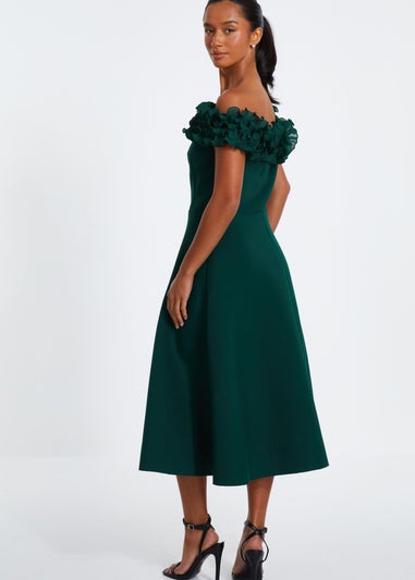 Quiz Green Petite Bardot Ruffle Skater Midi Dress