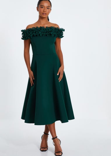 Quiz Green Petite Bardot Ruffle Skater Midi Dress