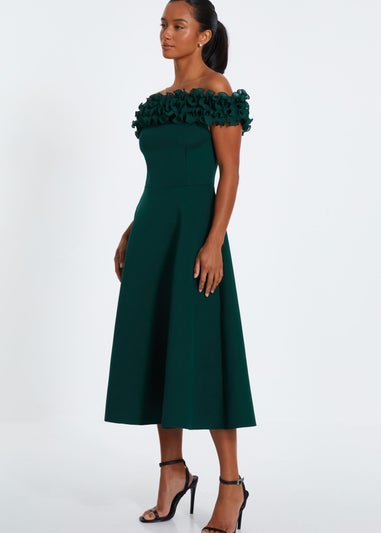 Quiz Green Petite Bardot Ruffle Skater Midi Dress