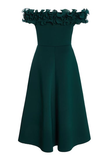 Quiz Green Petite Bardot Ruffle Skater Midi Dress