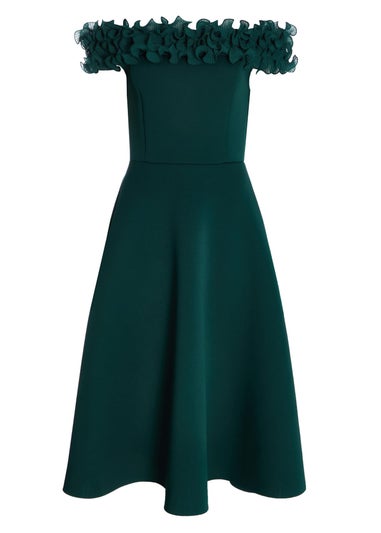 Quiz Green Petite Bardot Ruffle Skater Midi Dress