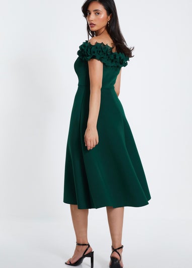 Quiz Green Bardot Ruffle Skater Midi Dress