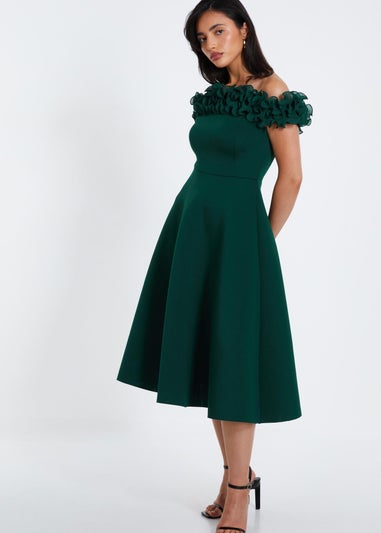 Quiz Green Bardot Ruffle Skater Midi Dress