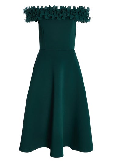 Quiz Green Bardot Ruffle Skater Midi Dress