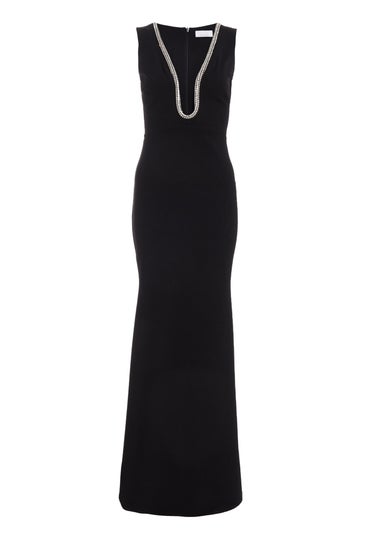 Quiz Black Diamante Trim Fishtail Maxi Dress