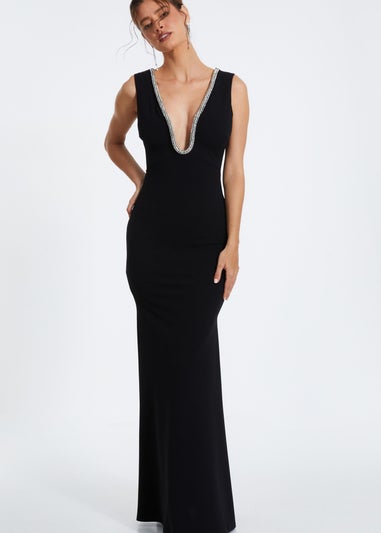 Quiz Black Diamante Trim Fishtail Maxi Dress