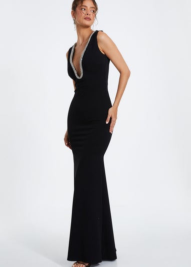 Quiz Black Diamante Trim Fishtail Maxi Dress