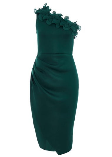 Quiz Green Petite One Shoulder Ruched Midi Dress