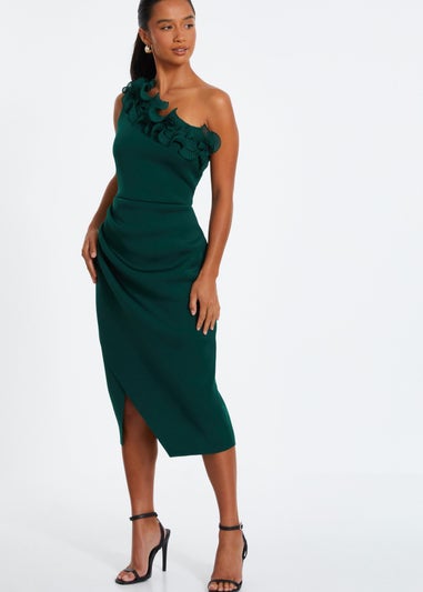 Quiz Green Petite One Shoulder Ruched Midi Dress