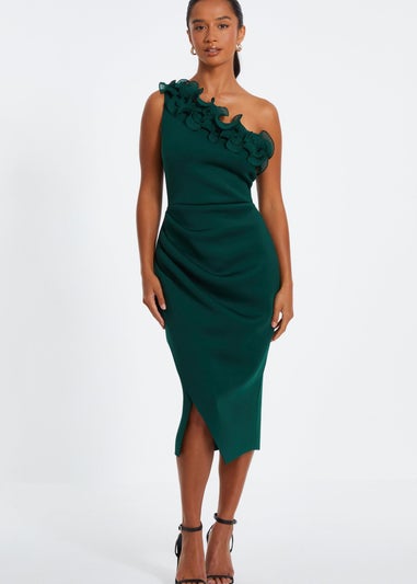 Quiz Green Petite One Shoulder Ruched Midi Dress