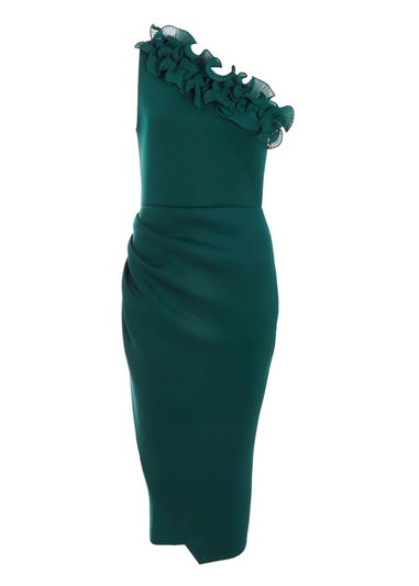 Quiz Green One Shoulder Ruched Midi Dress