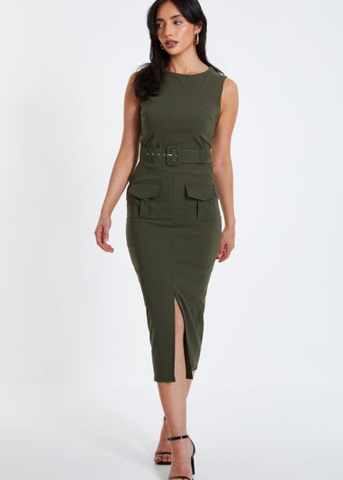 Quiz Khaki Cargo Split Front Midi Dress