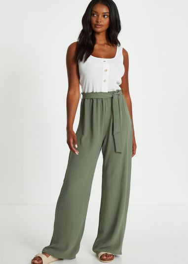 Quiz Khaki Contrast Ribbed Palazzo Jumpsuit