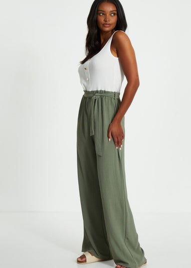 Quiz Khaki Contrast Ribbed Palazzo Jumpsuit