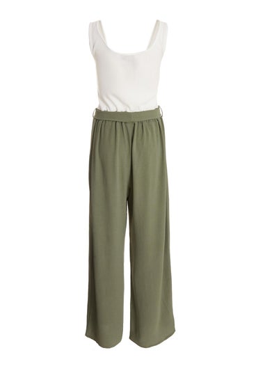 Quiz Khaki Contrast Ribbed Palazzo Jumpsuit