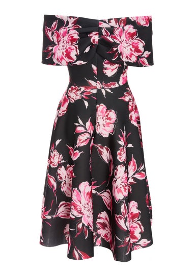 Quiz Black Petite Floral Bardot Skater Midi Dress