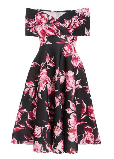 Quiz Black Petite Floral Bardot Skater Midi Dress