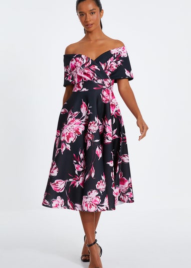 Quiz Black Petite Floral Bardot Skater Midi Dress