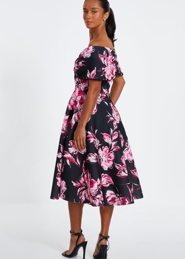 Quiz Black Petite Floral Bardot Skater Midi Dress