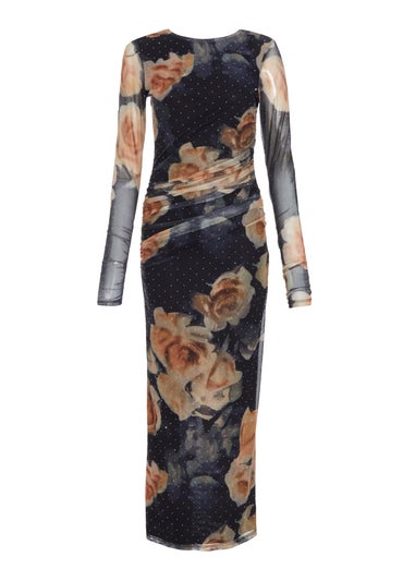 Quiz Black Floral Mesh Midaxi Dress