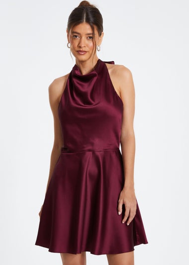 Quiz Burgundy Satin Mini Skater Dress