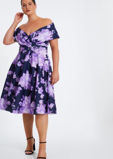 Quiz Navy Curve Floral Bardot Midi Dress