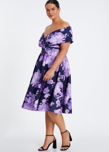 Quiz Navy Curve Floral Bardot Midi Dress